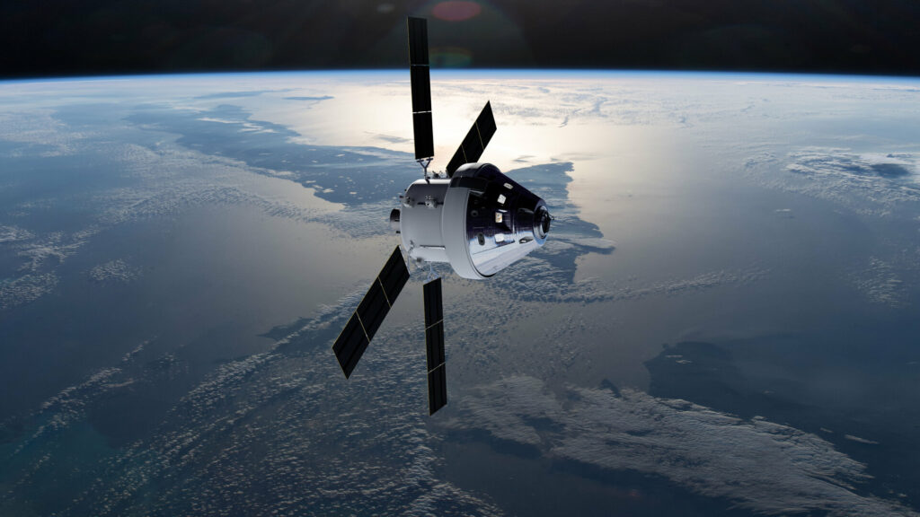 Orion_and_European_Service_Module_orbiting_Earth_pillars